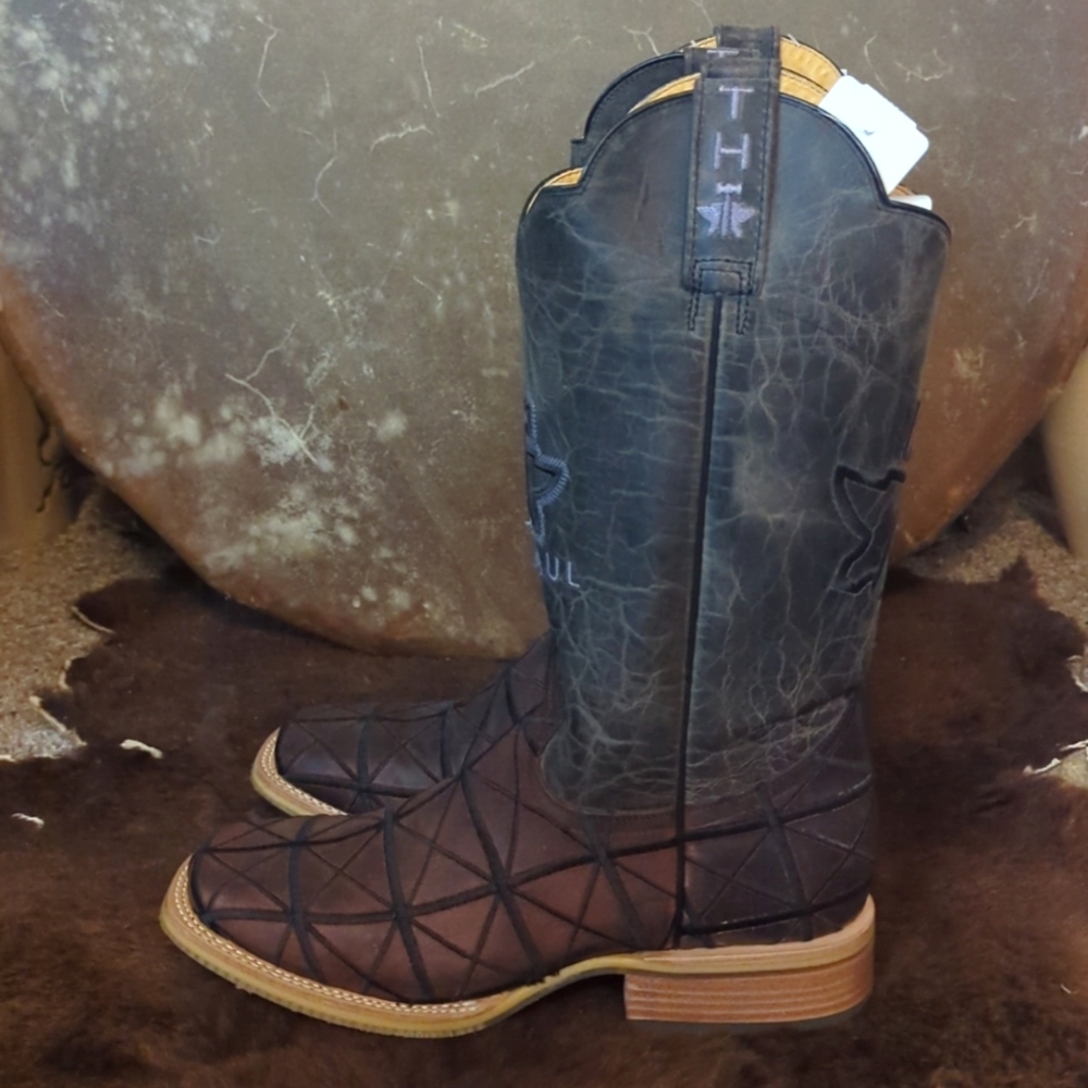 TIN HAUL "Derrick" Brown & black charcoal leather square toe cowboy boots sz 8EE - Picture 6 of 12